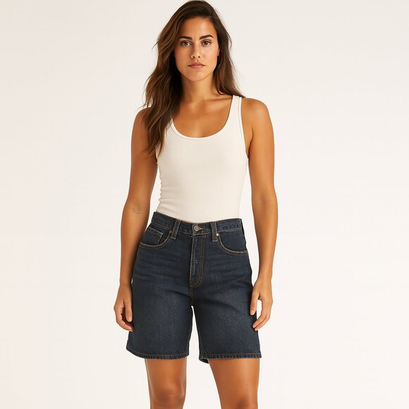 Levis Signature Classic Blue Denim  Med Wash High Waist Shorts Minamalist W32 - Picture 1 of 6